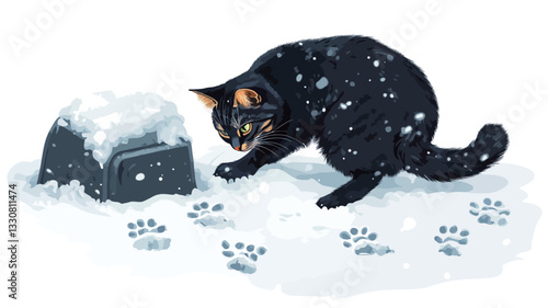 A digital illustration depicting a black cat with small, light-colored spots investigating a dark, snow-covered, cube-shaped object. The cat is crouched down, appearing curious.  The scene is set