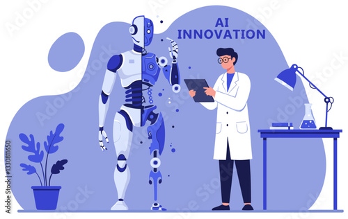 Male scientist programming new AI robot innovations. Colorful minimalist flat design illustration