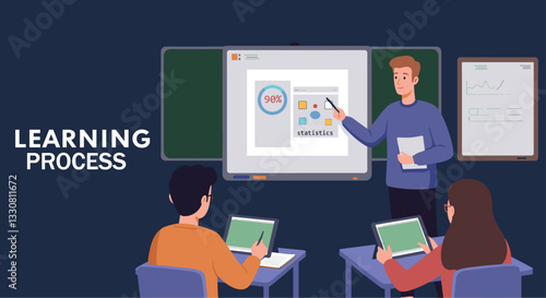 Learning process applying new technologies in class. Colorful flat design vector