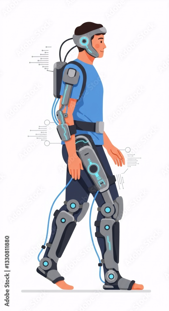 Man wearing robotic exoskeleton suit for medical rehabilitation. Futuristic technology aiding mobility and muscle function recovery. Assistive device for paralysis treatment. Man wearing robotic exoskeleton suit for medical rehabilitation. Futuristic technology aiding mobility and muscle function recovery. Assistive device for paralysis treatment.