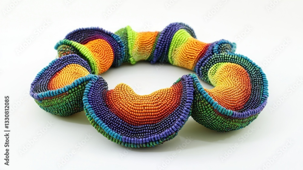 A colorful beaded necklace lies against a plain white background A colorful beaded necklace lies against a plain white background