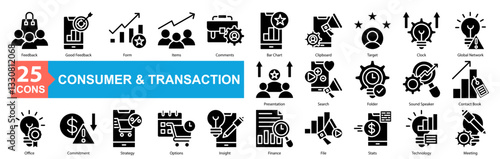 Consumer And Transaction Relationship Icon Sheet Consumer, Leader, Data, Skills, Objectives, Advantage, Communities, Employees, Star, Marketing, Value, Improvement, Problem, Social Media, Real Time