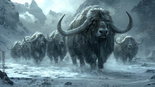 Herd of majestic, long-horned bison traversing snowy mountain pass.