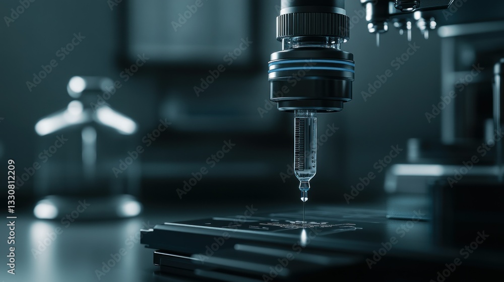 A sophisticated instrument precisely dispensing a clear liquid sample A sophisticated instrument precisely dispensing a clear liquid sample