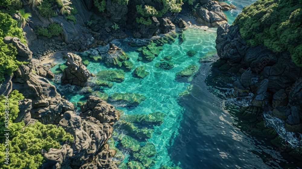 Serene Tropical Cove with Crystal Clear Water and Rocky Outcrops Serene Tropical Cove with Crystal Clear Water and Rocky Outcrops