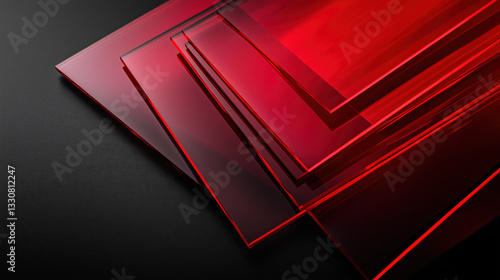 Red Glass Sheets in Angular Pattern on the Right Side with Transparent Texture, Gradient Colors, and Elegant Light Reflections Against a Black Background