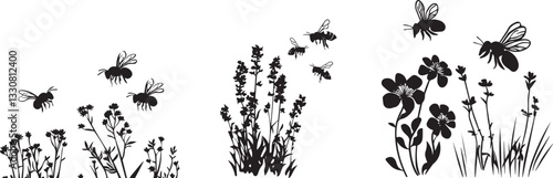 Silhouette of bees hovering over a flowers vector silhouette