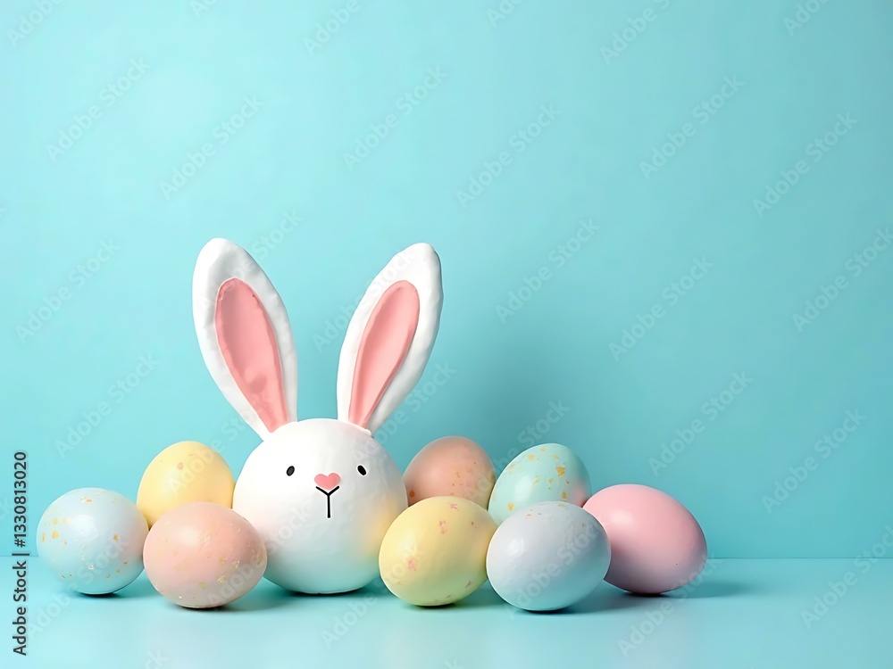 Pastel Easter Eggs Arranged on a Soft Blue Wooden Background Pastel Easter Eggs Arranged on a Soft Blue Wooden Background