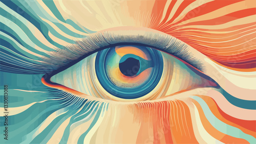 Close-up digital illustration of an eye. The iris and pupil are highly stylized with a concentric circle pattern showing a gradient of blues and oranges. The surrounding area features swirling,
