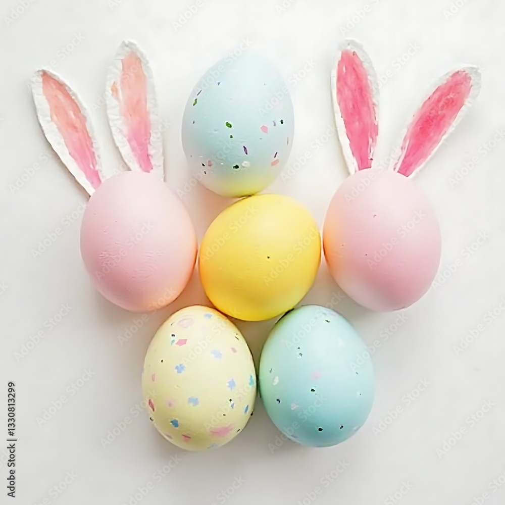 Brightly Colored Easter Eggs on a Blue Pastel Wooden Background Brightly Colored Easter Eggs on a Blue Pastel Wooden Background