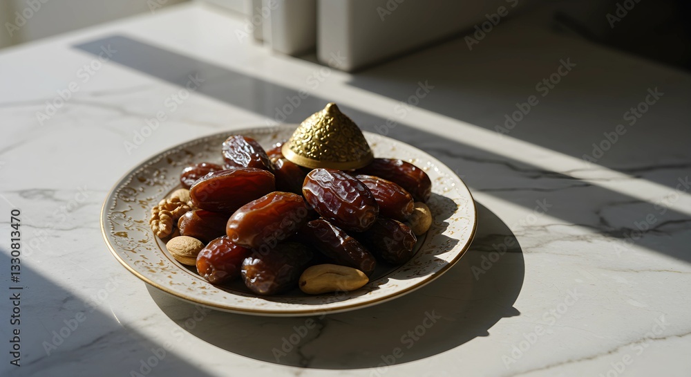 A beautifully arranged plate of dates and nuts placed on an elegant marble countertop, bathed in natural sunlight streaming through a nearby window, creating soft shadows and a warm ambiance A beautifully arranged plate of dates and nuts placed on an elegant marble countertop, bathed in natural sunlight streaming through a nearby window, creating soft shadows and a warm ambiance