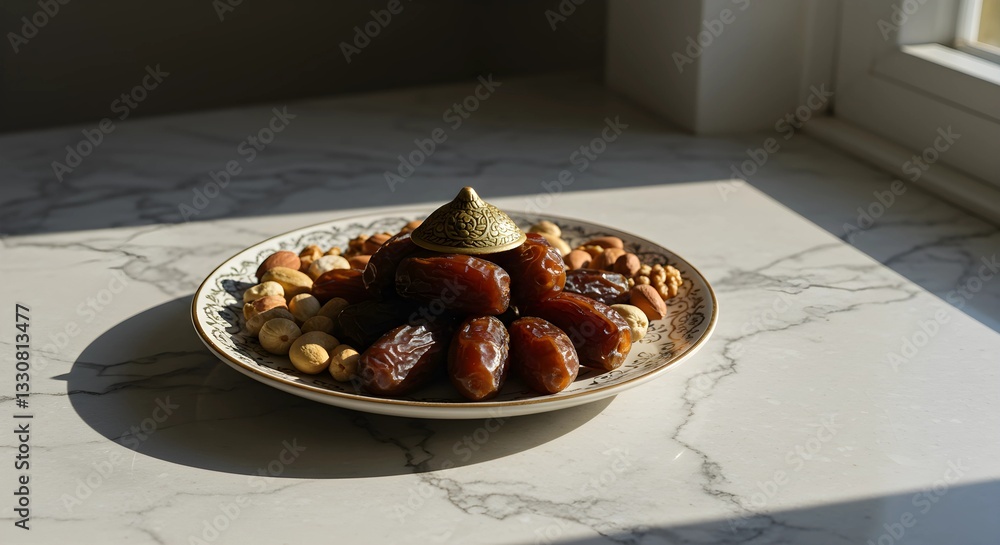 A beautifully arranged plate of dates and nuts placed on an elegant marble countertop, bathed in natural sunlight streaming through a nearby window, creating soft shadows and a warm ambiance A beautifully arranged plate of dates and nuts placed on an elegant marble countertop, bathed in natural sunlight streaming through a nearby window, creating soft shadows and a warm ambiance