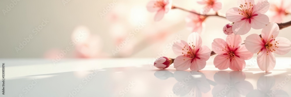 Delicate peach blossoms reflected in pristine white surface, blossom, elegance Delicate peach blossoms reflected in pristine white surface, blossom, elegance