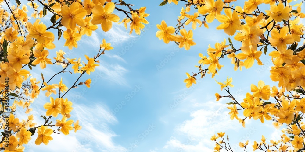 Bright yellow spring flowers burst into bloom under a clear blue sky, creating a refreshing atmosphere that symbolizes the beauty and renewal of the season Bright yellow spring flowers burst into bloom under a clear blue sky, creating a refreshing atmosphere that symbolizes the beauty and renewal of the season