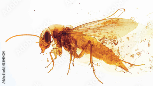 A close-up, macro photograph of a fossilized insect preserved in amber. The image shows intricate detail of the insect's body, wings, and legs.  The amber is translucent, allowing the insect's