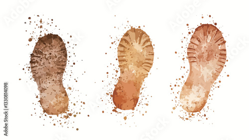 Three stylized muddy shoe prints are arranged horizontally against a clean white background. The prints vary slightly in clarity and detail, suggesting movement.  Small specks of brown dirt are