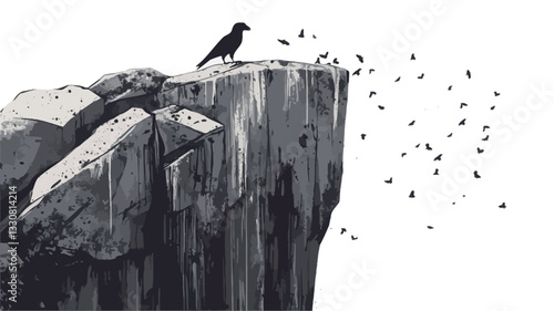 A monochromatic illustration depicting a crow perched atop a fractured, vertical rock formation.  The rock is textured, showing signs of weathering and erosion. A flock of smaller birds is depicted