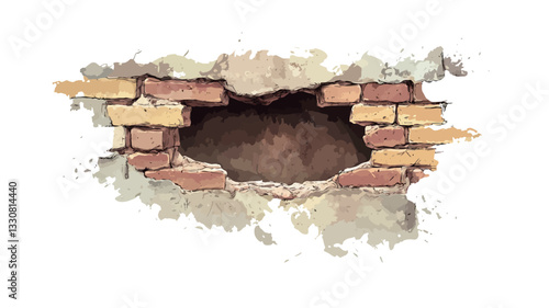 Close-up shot of a hole in a brick wall against a white background. The hole is irregularly shaped, revealing the interior of the wall.  Bricks are visible around the edges of the hole, showing