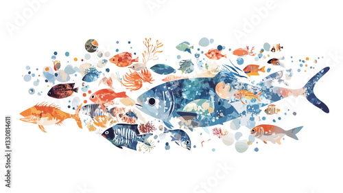 Watercolor illustration depicting a large school of diverse fish in a horizontal composition.  The fish are rendered in various shades of blue, orange, and red, with smaller fish and coral elements