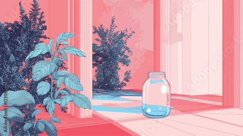 The artwork depicts a minimalist scene featuring a clear glass bottle containing light blue liquid resting on a light pink floor near an open doorway.  Teal-toned plants are visible to either side