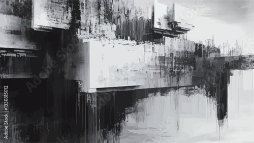 The image is a close-up shot of an abstract monochrome artwork.  The composition is primarily composed of varying shades of gray and black, creating a high-contrast effect.  The texture appears