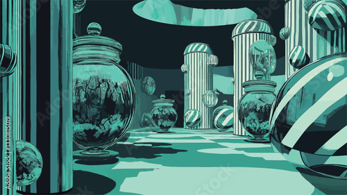 A digital illustration depicting a surreal, abstract architectural scene rendered in teal and white.  The image features a variety of cylindrical and spherical shapes with striped patterns,