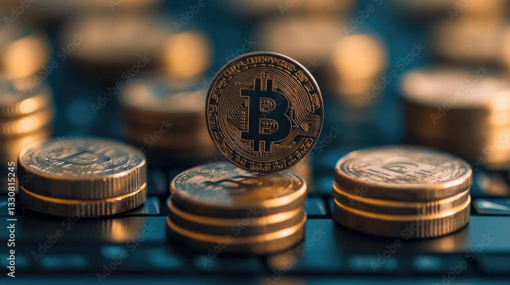 Bitcoin Crypto Currency on Keyboard. Bitcoin Crypto Currency on Keyboard.