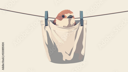 A digital illustration depicts a small, light brown bird partially visible inside a small, off-white laundry bag.  The bag is hung from a thin, dark line using two light-colored clothespins. The