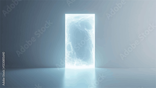 The image depicts a vertically oriented, luminous rectangular shape resembling a portal or gateway. It is brightly lit from within, emitting a soft, white-blue glow. The light source appears to be