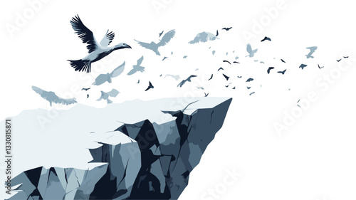 A stylized grayscale vector illustration depicting a flock of birds taking flight from a snow-covered cliff edge. The birds are rendered in varying sizes and positions, creating a sense of movement