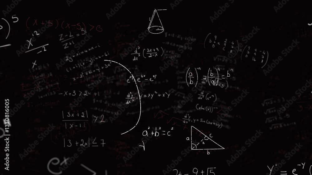 Chalk drawings of mathematical equations and geometric shapes on school blackboard Chalk drawings of mathematical equations and geometric shapes on school blackboard