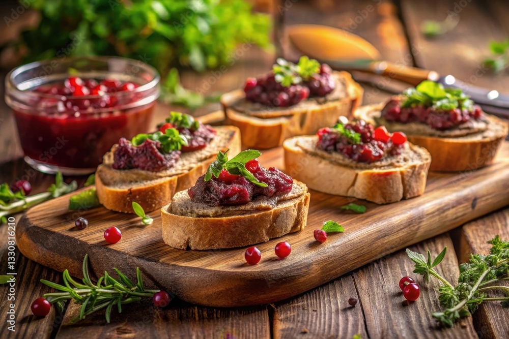 Appetizing Cranberry-Glazed Bread Bites with Herbal Garnish on Rustic Wooden Board Appetizing Cranberry-Glazed Bread Bites with Herbal Garnish on Rustic Wooden Board