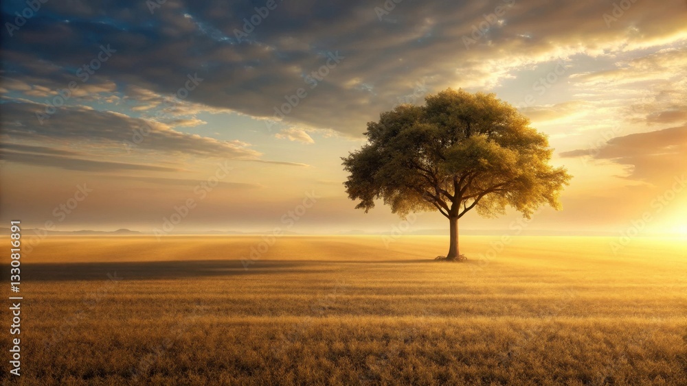 Serene Sunset Landscape Featuring a Solitary Tree in a Golden Field Under a Dramatic Sky Serene Sunset Landscape Featuring a Solitary Tree in a Golden Field Under a Dramatic Sky