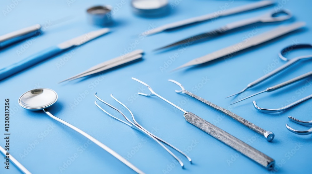 Dental tools arranged on a blue surface Dental tools arranged on a blue surface