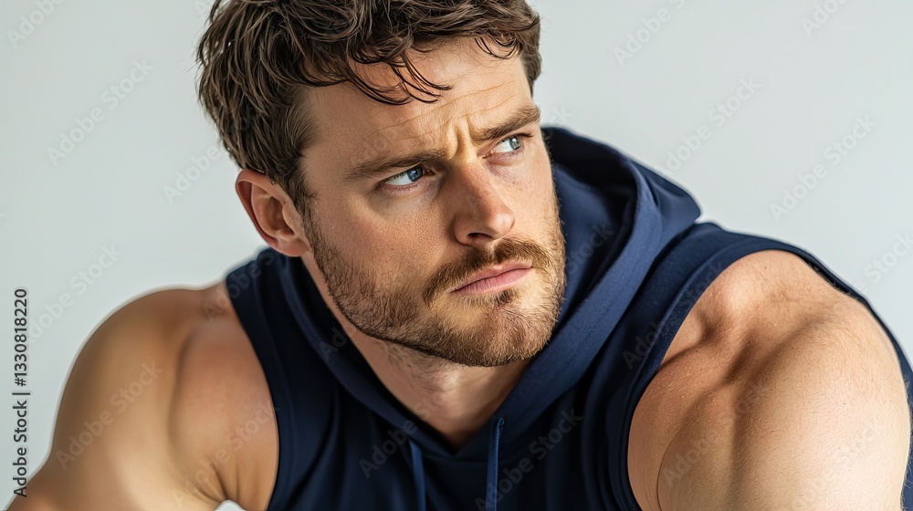 Fototapeta premium A focused Caucasian male model with a muscular build, showcasing determination and strength.