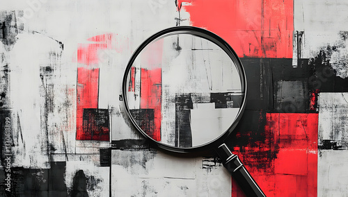 Close-Up View of a Magnifying Glass Over an Abstract Red and Black Geometric Art Composition Evoking Themes of Mystery and Investigation