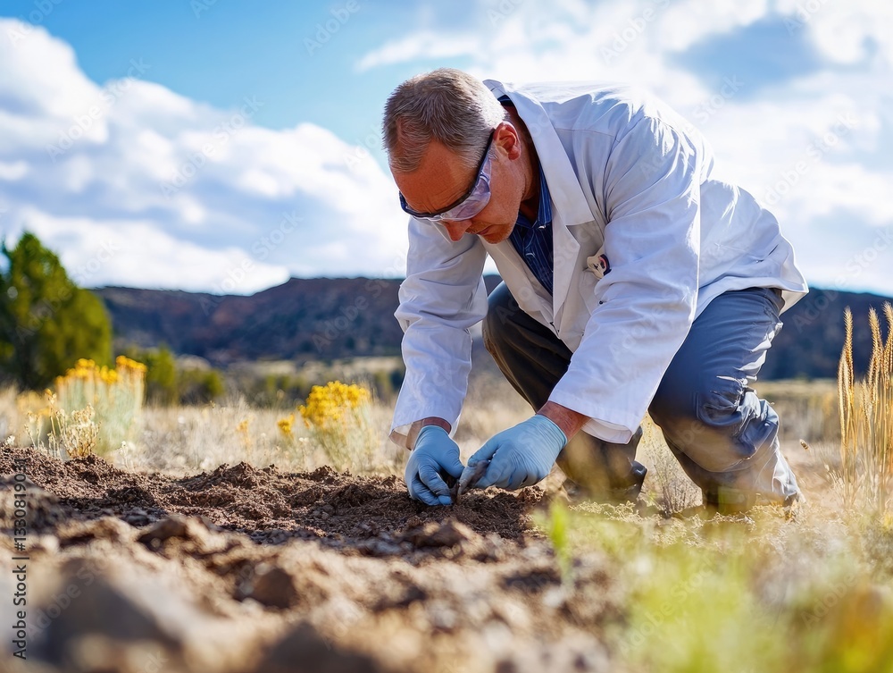 Fototapeta premium Scientist collecting soil sample for arid landscape.