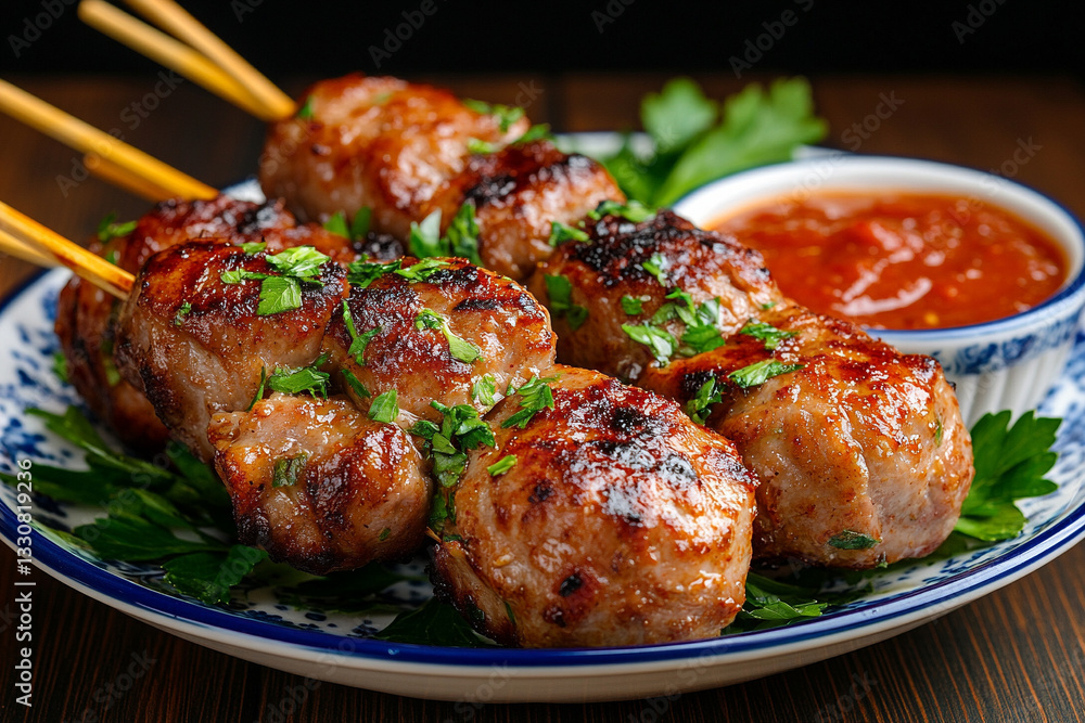 photo of grilled meat on skewers, served on a white and blue porcelain plate with green herbs photo of grilled meat on skewers, served on a white and blue porcelain plate with green herbs
