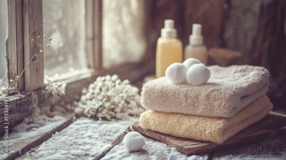 Stacked towels and toiletries arranged next to a snowy window Stacked towels and toiletries arranged next to a snowy window