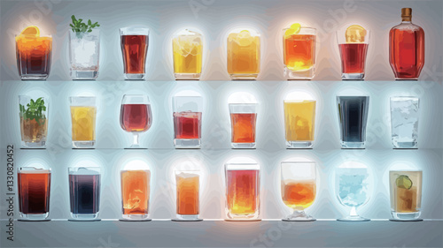 The image shows a digitally rendered collection of various alcoholic and non-alcoholic beverages in different types of glasses.  The drinks are arranged in three rows of eight on a light gray