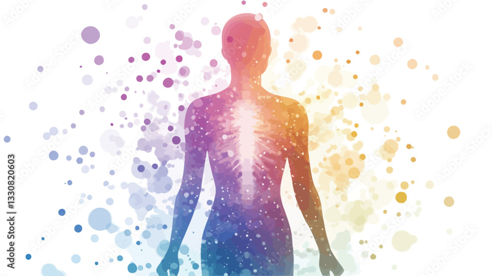 The image depicts a semi-transparent human figure, rendered in a multitude of rainbow colors. The figure is centrally positioned against a white background. The body is composed of translucent The image depicts a semi-transparent human figure, rendered in a multitude of rainbow colors. The figure is centrally positioned against a white background. The body is composed of translucent