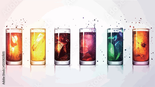 A digital illustration showcasing seven short glasses filled with brightly colored liquids, ranging from reddish-orange to deep teal. Each glass displays internal variations in color and light