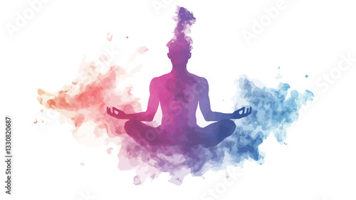 The image depicts a stylized silhouette of a person sitting in a lotus position, seemingly meditating.  The figure is rendered in shades of pink, purple, and blue, with an ethereal, smoky effect