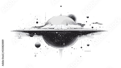 The image is a monochrome digital illustration depicting an abstract representation of a galaxy.  It features a central, spherical form, possibly representing a planet or star, surrounded by