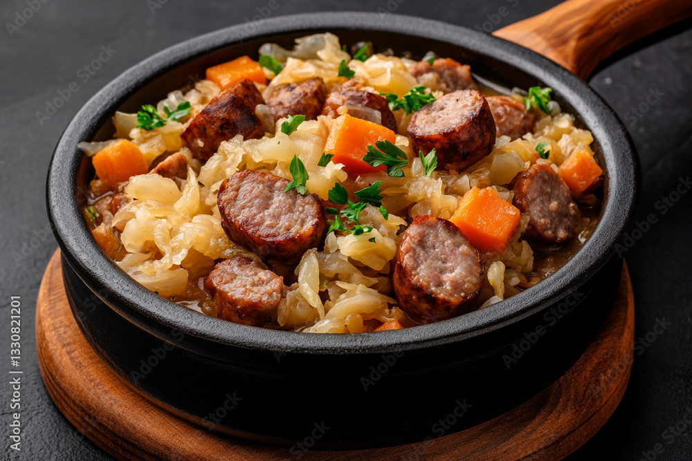 photo of traditional irish sauerkraut and sausage soup on a wooden background photo of traditional irish sauerkraut and sausage soup on a wooden background
