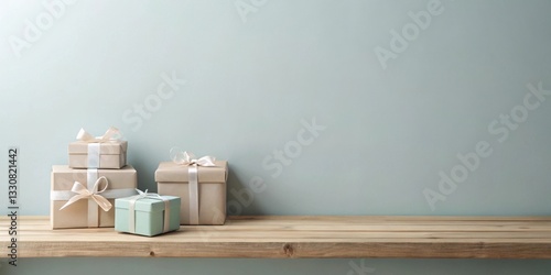 A serene arrangement of elegantly wrapped gifts, presented on a rustic wooden shelf against a tranquil pale-green backdrop, evokes a sense of thoughtful celebration