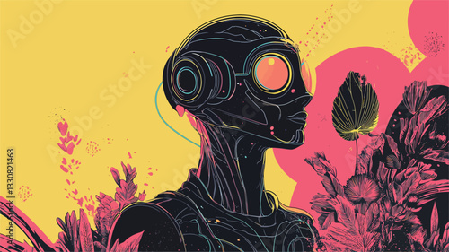 A digital illustration depicting a stylized robotic or android figure, characterized by a smooth, dark gray/black surface with visible lines suggesting internal mechanics or circuitry. The figure