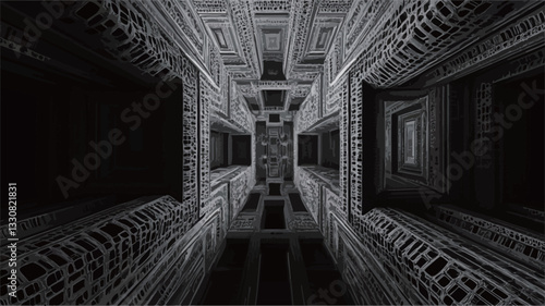 The image presents a digitally created, abstract architectural rendering in grayscale.  It depicts a complex, repeating geometric pattern creating the illusion of a receding corridor or tunnel. The