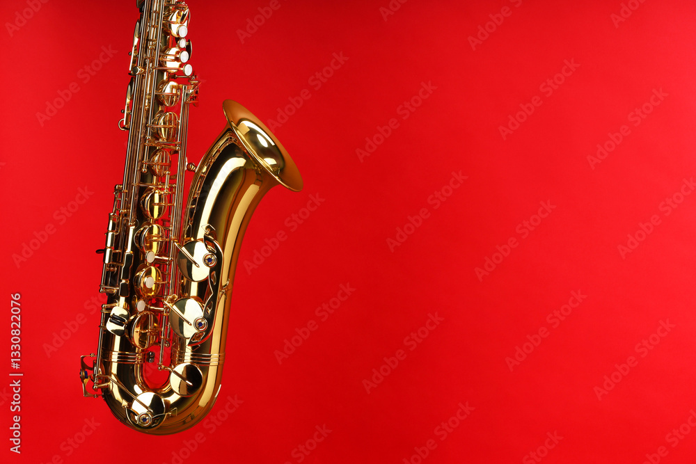 Obraz premium Jazz. One beautiful saxophone on red background, space for text