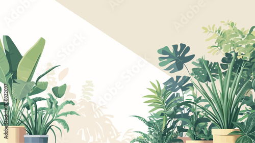 A digital illustration depicting a collection of various potted indoor plants. The plants are rendered in a stylized, slightly cartoonish manner with smooth gradients and outlines.  The background